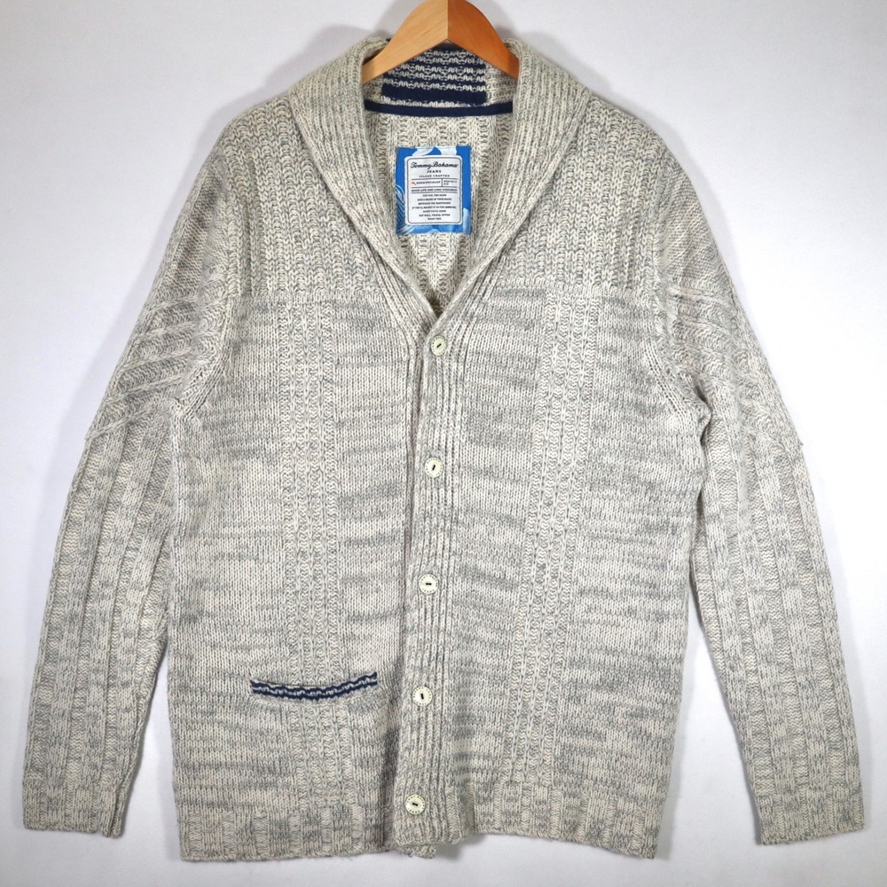 Tommy Bahama Cardigan Men L Gray Shawl Collar Lambswool Knit Casual Sweater